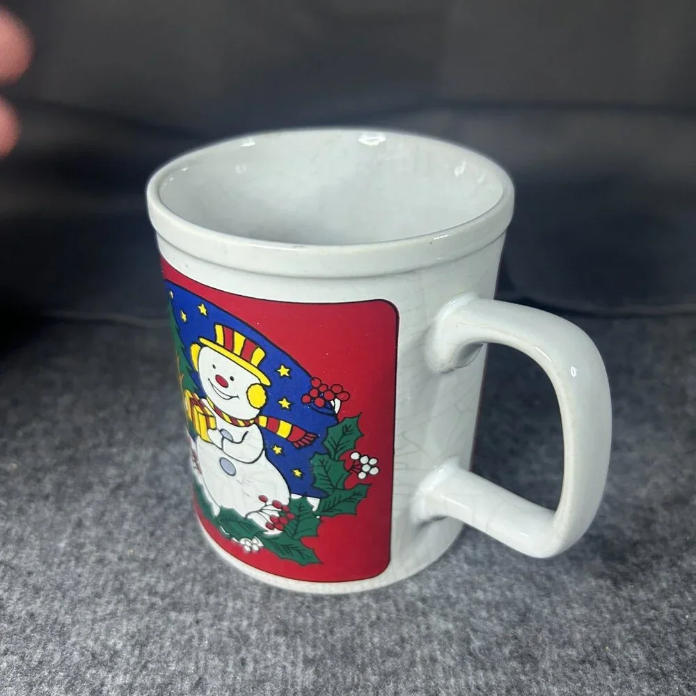 Vintage Japan White Ceramic Glass Coffee Cup Holiday Mug Christmas Noel‎ Snowman